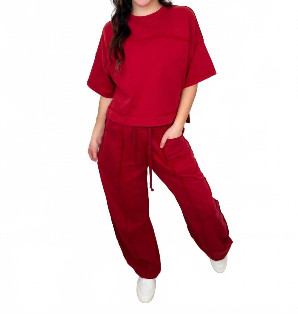 NEW DAVI & DANI high-rise cotton blend wide leg cropped set in brick red